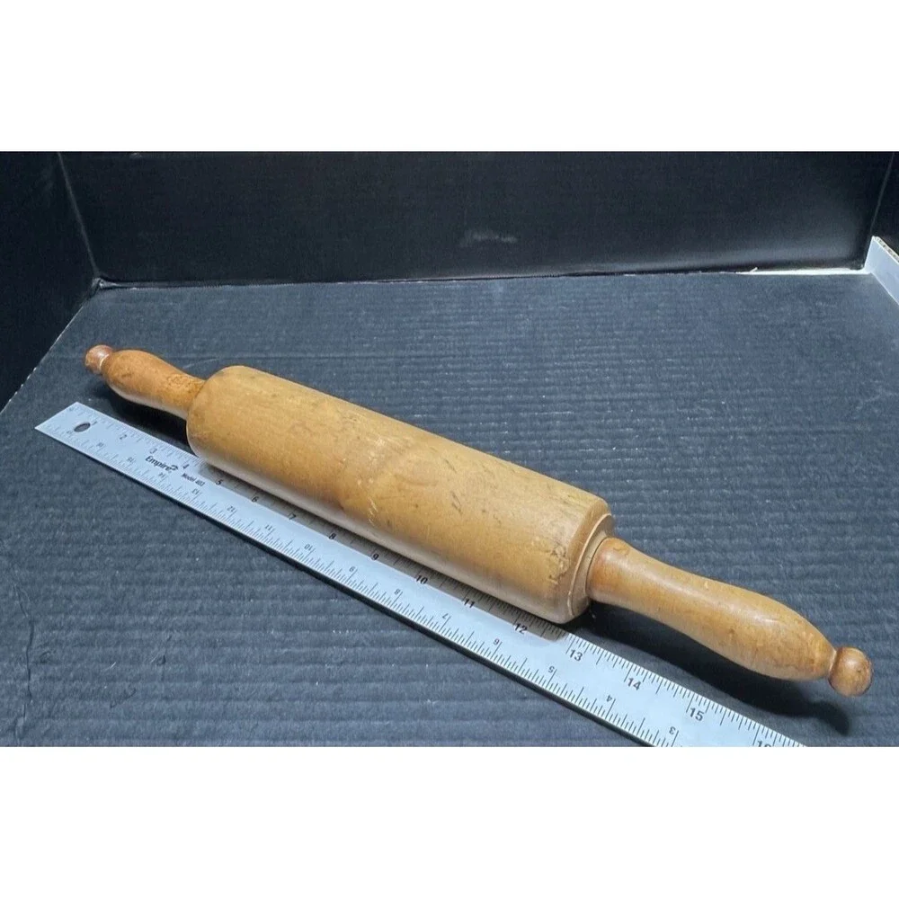 Vintage Wooden Rolling Pin w/ Green Handles Rustic Farmhouse Grandma Chic 17